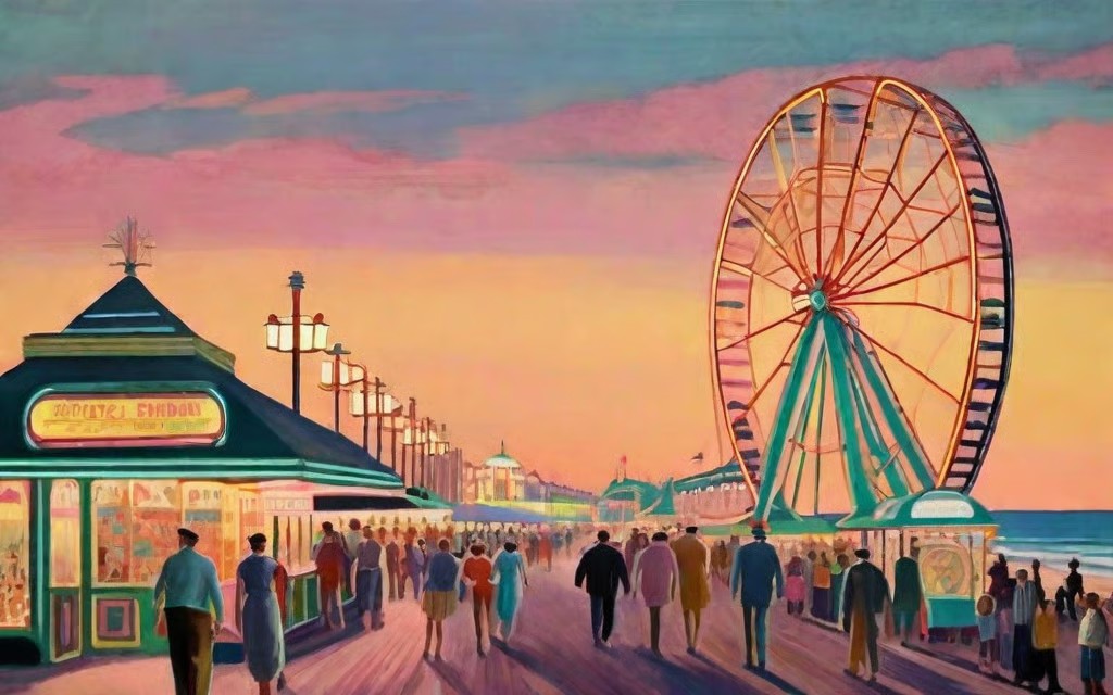 NateHartPrints's tweet image. That moment when the lights come on and the boardwalk comes alive.

Point Pleasant Beach, New Jersey – Twilight on the Boardwalk captures a classic summer evening in soft, nostalgic tones.

printsbynatehart.com/b/qvhIy

#CoastalArt #VintageStyle #Boardwalk #WallArt #PrintsByNateHart