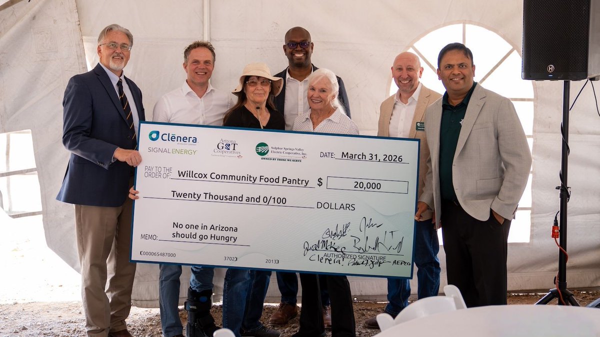 CleneraSolar's tweet photo. We cut the ribbon on our Roadrunner solar facility. Projects like this are what allow us to continue our mission to give more in the communities where we work. In partnership with @AEPCO, @SSVEC, and @SignalEnergy, we donated $20,000 to the Willcox Community Food Pantry. https://t.co/mfTiWCkFgE
