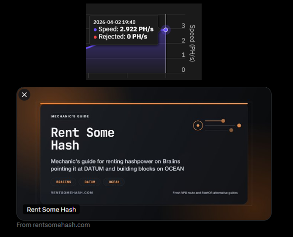 1hmle's tweet photo. Huge thanks to @oomahq, @GrassFedBitcoin, and @venorusprime for getting me off my arse to get this going on. Super easy, took me about 30 mins to an hour.

Guide (https://t.co/AtmomU6tLb) was for StartOS, but it was simple to get an LLM (e.g., Claude) to adapt it to Umbrel.

All Bitcoiners should:
1. Run and use their own node (Knots + BIP-110)
2. Get some hashpower (e.g., host yourself or rent) and point it to DATUM + OCEAN

We all do this, spam will be significantly reduced and mining centralization balance swings back to the individual node runners. Bitcoin wins, NGU massively.

If a simpleton like me can do it, YOU can too.