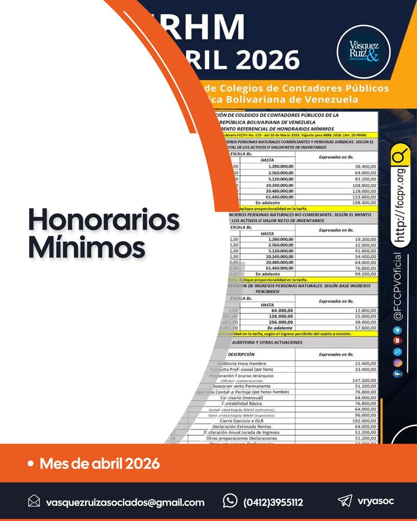 vryasoc's tweet photo. Honorarios mínimos correspondientes al mes de abril de 2026 publicados por la @fccpvoficial

#EsperamosSerleDeUtilidad #HonorariosMinimos #Venezuela #contribuyentes #contribuyentesespeciales
#Caracas #Venezuela https://t.co/Pf0C7JyTXn