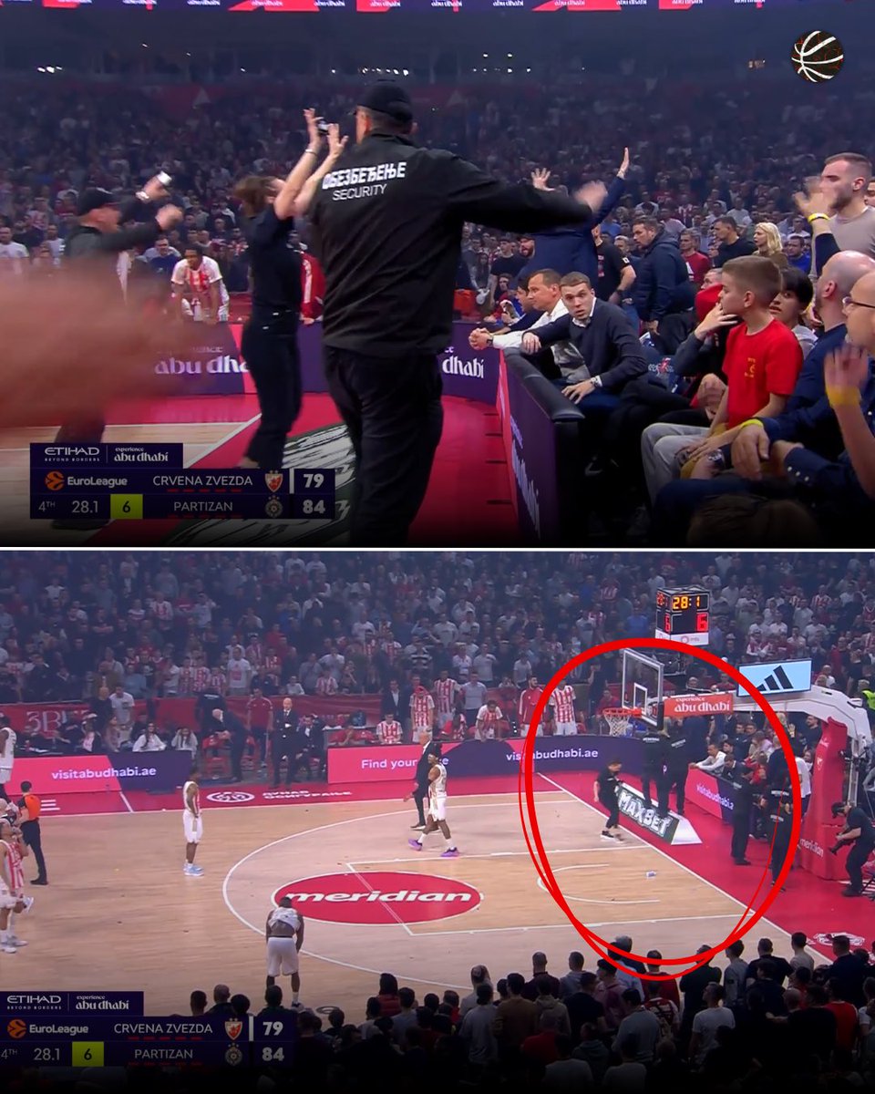Chaos in Belgrade. Carlik Jones finishes an and-one basket, and Red Star fans throw objects onto the court😳

#kkcz #partizan #euroleague #paobc #olympiacosbc