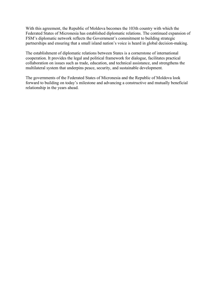 FSMMission_UN's tweet photo. On 2 April 2026, The Governments of the Federated States of Micronesia and the Republic of Moldova established diplomatic relations. https://t.co/x75jDMpEwu