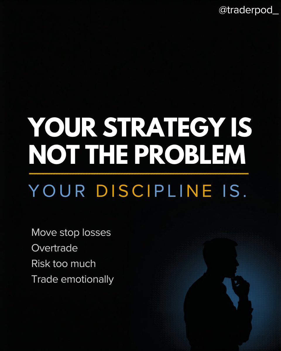 Most traders think they have a strategy problem.

They don't.

They have a discipline problem.

Moving stop losses.
Overtrading.
Risking too much.
Trading emotionally.
Until discipline improves, results won't.
That's why we're building <a href="/traderpod_/">Trader’s POD</a> a platform focused on trading
