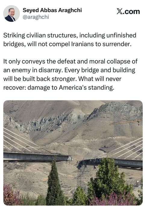 ferozwala's tweet image. #Breaking 
🚨"Striking civilian structures, including unfinished bridges, will not compel Iranians to surrender." 

 📌Iran's Foreign Minister #Seyyed Abbas Araghchi responds to the US-Israeli attack on Iranian civilian infrastructure.
x.com/ferozwala/stat…
#IRAN
#USA
@PressTV