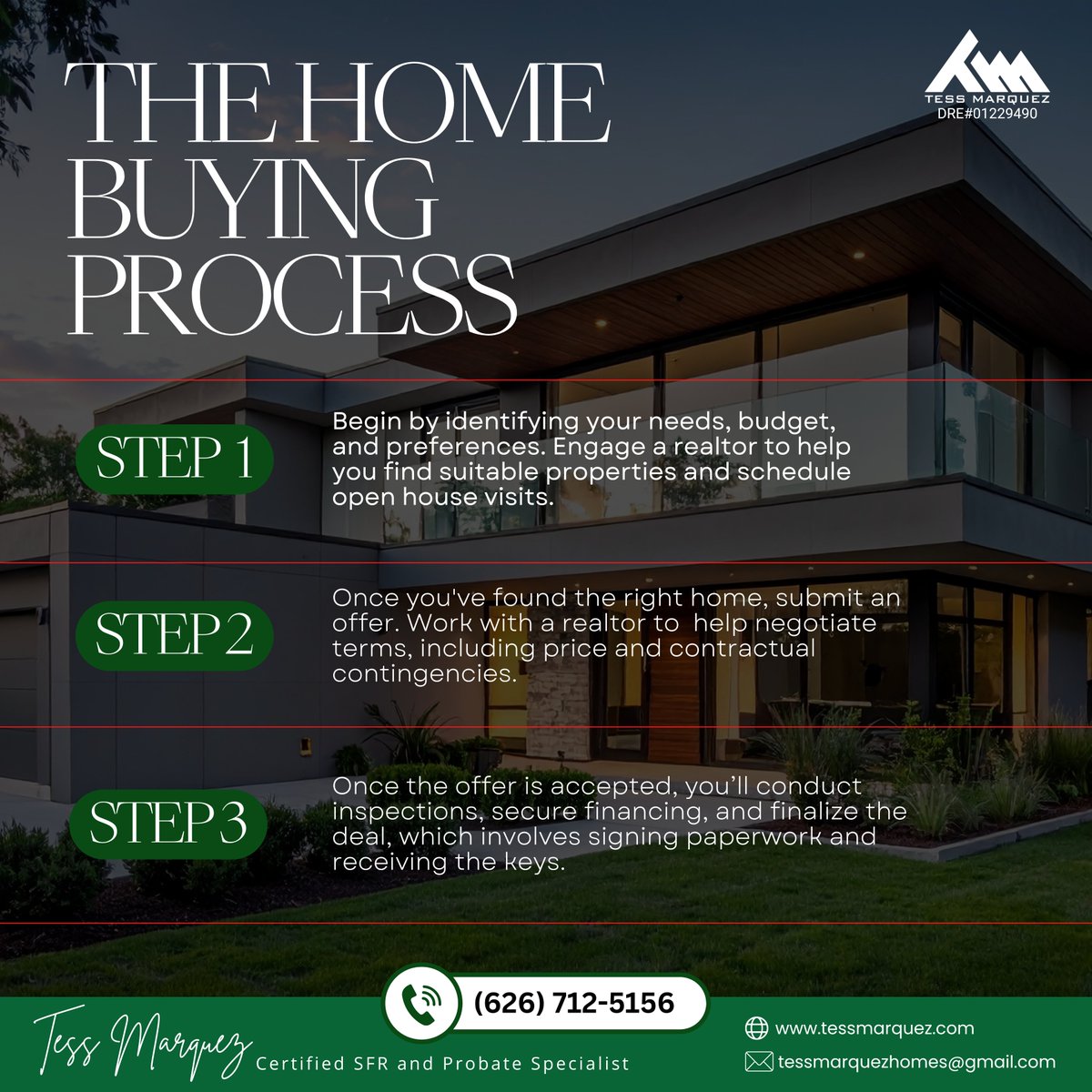 Buying a home? Follow the right process 🏡
Strategy. Negotiation. Closing.

📲 (626) 712-5156

#TessMarquez #HomeBuying #RealEstate #WestCovina #SoCalHomes #FirstTimeBuyer #CaliforniaHomes