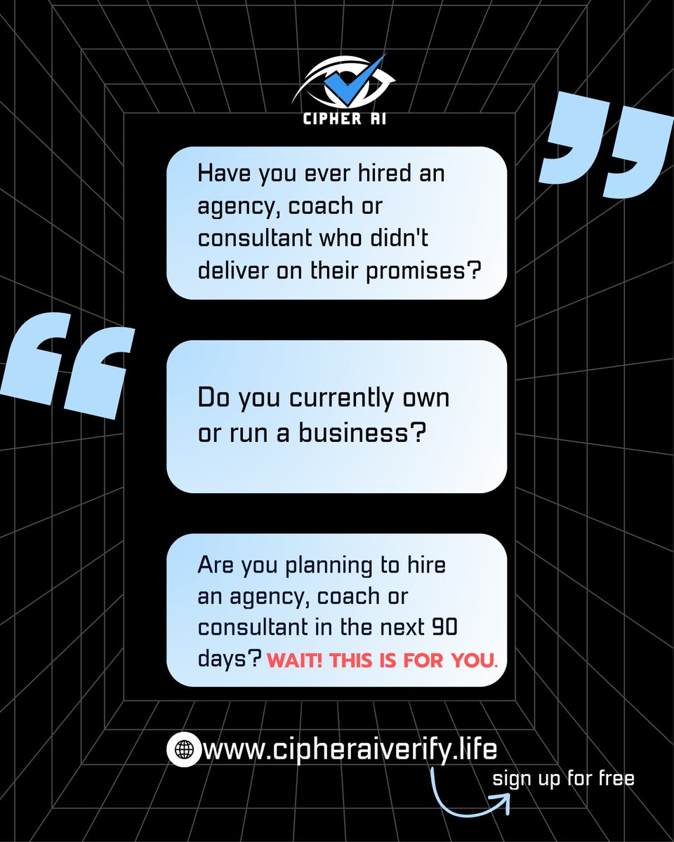 JPMalherbe4's tweet photo. Bad hires are expensive.

Cipher AI helps you avoid them by verifying the claims agencies and consultants make.

No more guesswork. Just truth.

We see through the BS.

👉 SIGN UP NOW via the link https://t.co/JDqmPw6jq8 https://t.co/DGP3Lf9gnb