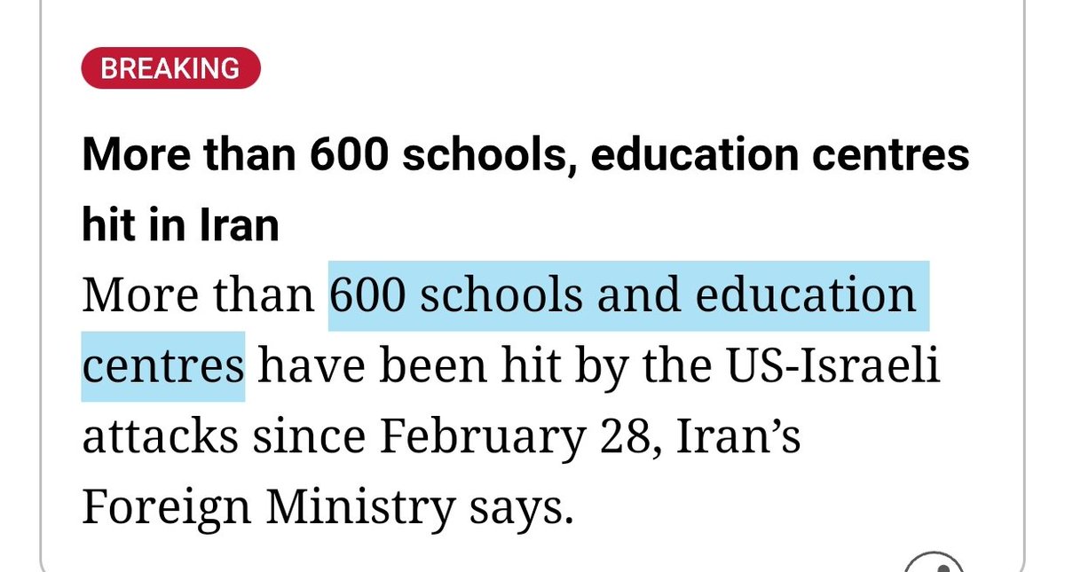 Seit Kriegsbeginn haben die #USA und #Israel mehr als 600 Schulen und Bildungseinrichtungen im #Iran bombardiert.

Einzig die wahnhafte Ideologie vom Gut und Böse auf der Welt hindert Akteure im Westen daran, das als Terrorismus zu bezeichnen.