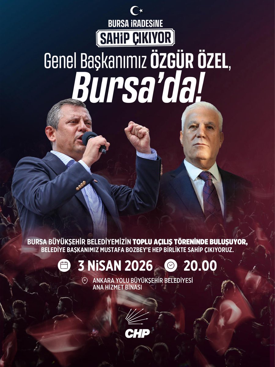 Yarın akşam, Bursa Büyükşehir Belediye Başkanımız Mustafa Bozbey’e ve yol arkadaşlarımıza hep birlikte sahip çıkıyoruz!

Teslim olmayacağız,
Boyun eğmeyeceğiz,
Biz kazanacağız!

🗓 3 Nisan Cuma
⏰ 20.00
📍 Ankara Yolu Büyükşehir Belediyesi Ana Hizmet Binası