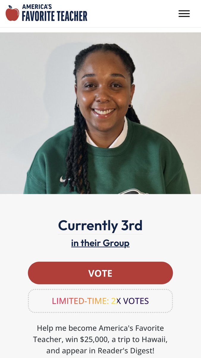 yo_debbb's tweet photo. Vote me as America’s Favorite Teacher! https://t.co/aWajWeix1S https://t.co/3Nc4to9bxB