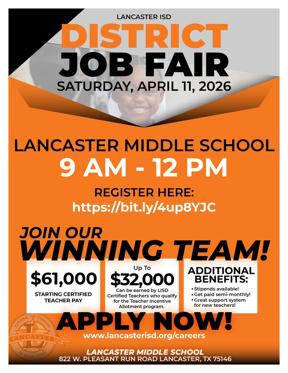 LancasterISD's tweet image. 🚨 Join the Team at Lancaster ISD! 
🐅We’re hosting a Job Fair for prospective employees:

📅 April 11, 2026
⏰ 9 AM–12 PM
📍 Lancaster Middle School

🔗 bit.ly/49fYssk

#LearnLeadRoar #JoinOurTeam #JobFair