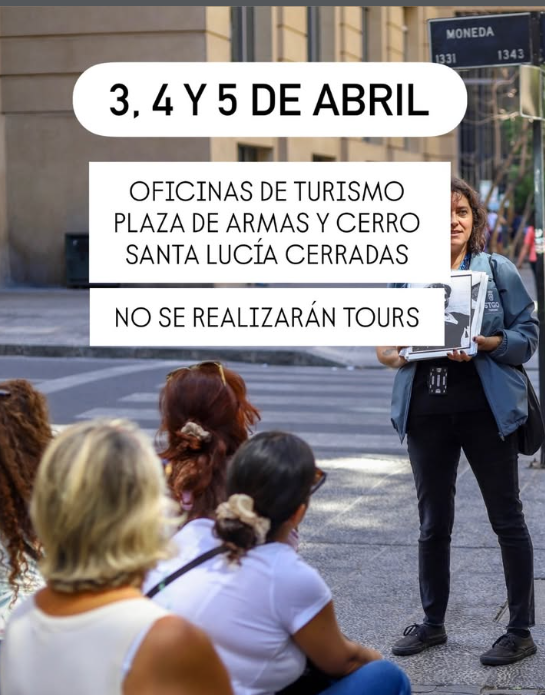 stgoturismo's tweet photo. 📣Informamos que este 3, 4 y 5 de abril, nuestras Oficinas de Turismo Plaza de Armas y Cerro Santa Lucía se encontrarán cerradas y no realizaremos #TourGratis.
Volvemos el lunes 6 de abril, con la Ruta “Santiago paso a paso” por el Centro Histórico. https://t.co/dVJP18qs9c