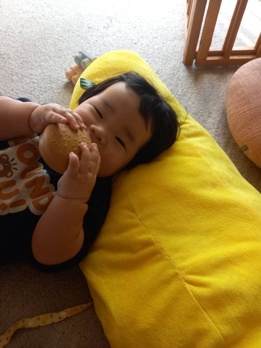 misatonkothu's tweet photo. このちぎりパン(腕)クリームパン(手)くん
おもちゃのハンバーガー一生懸命持って食べてるの可愛い

ちなみに足はチョココロネ https://t.co/cDmLcHncug