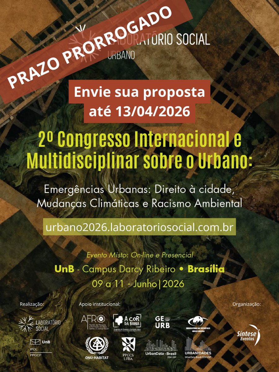 PRAZO PRORROGADO | Envie sua proposta até 13/04/2026

📄 Resumos para Grupos de Trabalho (GTs)

📷 Mostra Fotográfica

🎞️ Mostra de Vídeos

🗓️ 9 a 11 de junho de 2026
📍 Evento misto
💻 GTs e Mostras: modalidade online

🔗 Acesse:
urbano2026.laboratoriosocial.com.br