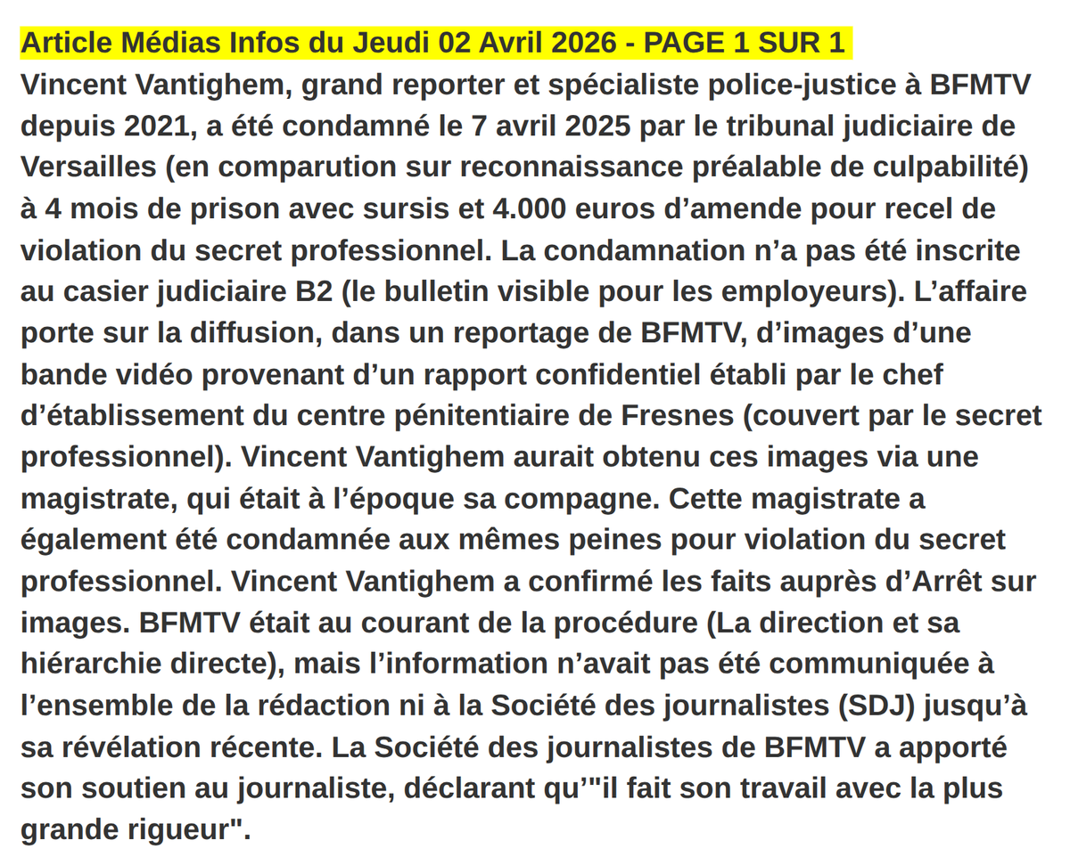 Mediasinfos's tweet photo. Le journaliste Vincent Vantighem (@vvantighem) de #BFMTV été condamné le 7 avril 2025 à 4 mois de prison avec sursis et 4.000 euros d’amende pour recel de violation du secret professionnel. Retrouvez notre article ci-dessous https://t.co/VugOwADt0l