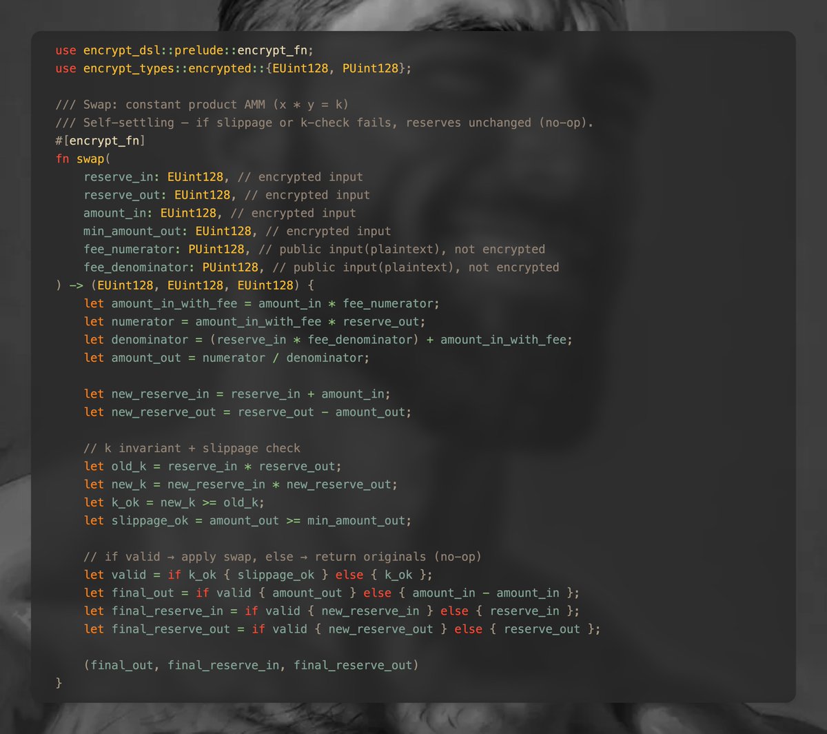 confidential uniswap v2 on <a href="/encrypt_xyz/">Encrypt</a> 

reserves, trade sizes, slippage limits, all encrypted

you write normal rust, the proc macro compiles it to an FHE computation graph, and gets executed by FHE clusters

MEV can't extract what it can't read 🤫

note: this is an example