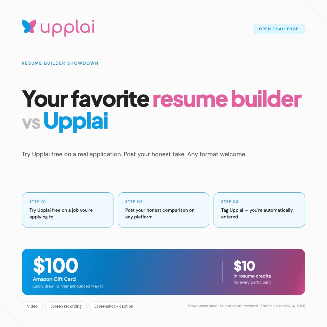 upplai's tweet photo. Which resume builder actually works? We'll give $100 to whoever helps settle it.

Try Upplai free on a real job application. Post your honest comparison. Tag us. That's it.

$10 in resume credits for everyone who enters.

Contest details: https://t.co/Nq11qzY1Jv https://t.co/Qa6kkihZ71