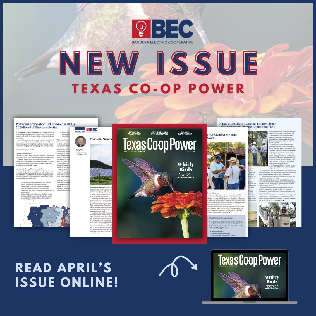 🌼🌸 The April issue of Texas Co-op Power is in full bloom!

Check your mailbox or read it online. 📬💻
issuu.com/banderaelectri… 

#TCP #BEC