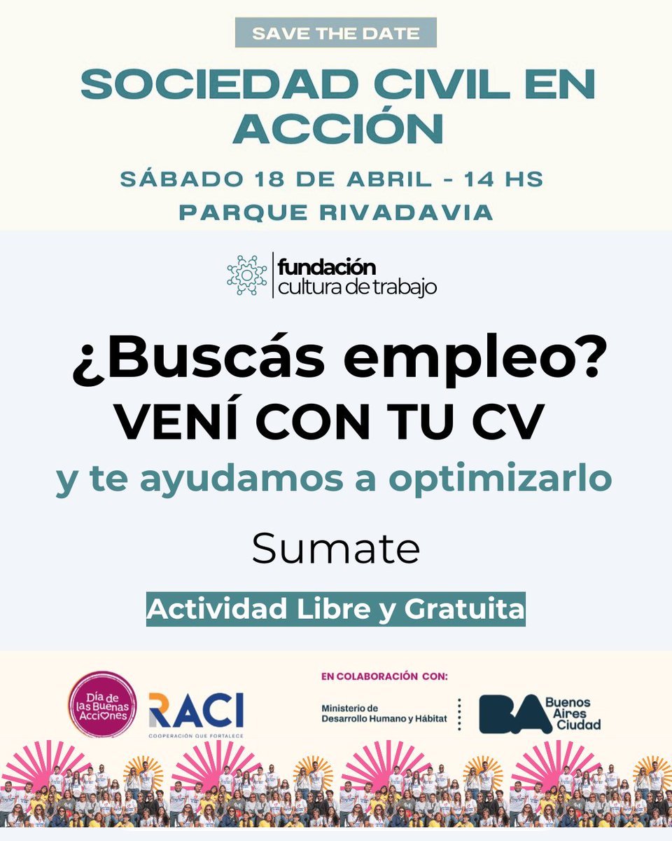 Este sábado 18/04 a las 14:00 en Parque Rivadavia, Estaremos presentes en el #DíaDeLasBuenasAcciones con un equipo de expertos para ayudarte a optimizar tu CV y dejarlo listo para las entrevistas. Además, ¡podés imprimirlo de forma gratuita en el evento!