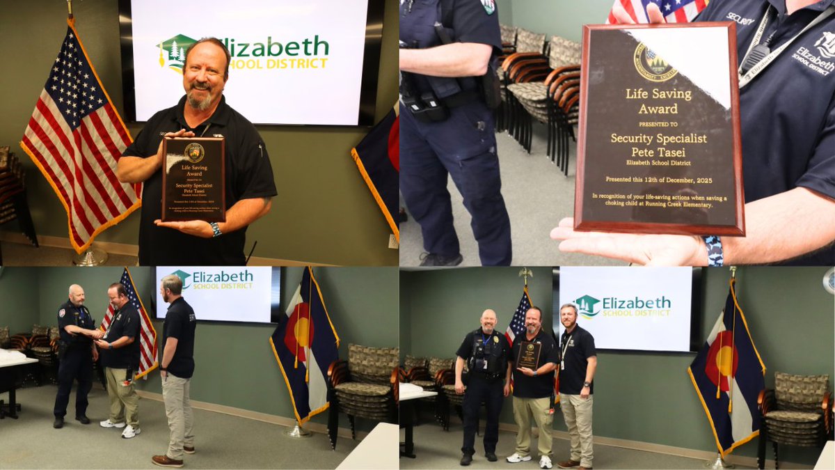 ESDk12's tweet photo. Life Saving Award!

Members of Elizabeth Police Department Colorado surprised Pete Tasei with a special award in the ESD boardroom this afternoon for his quick thinking and action in saving a student's life.

Congrats to Pete.  We are lucky to have you on our team! https://t.co/oRaDCHk78T