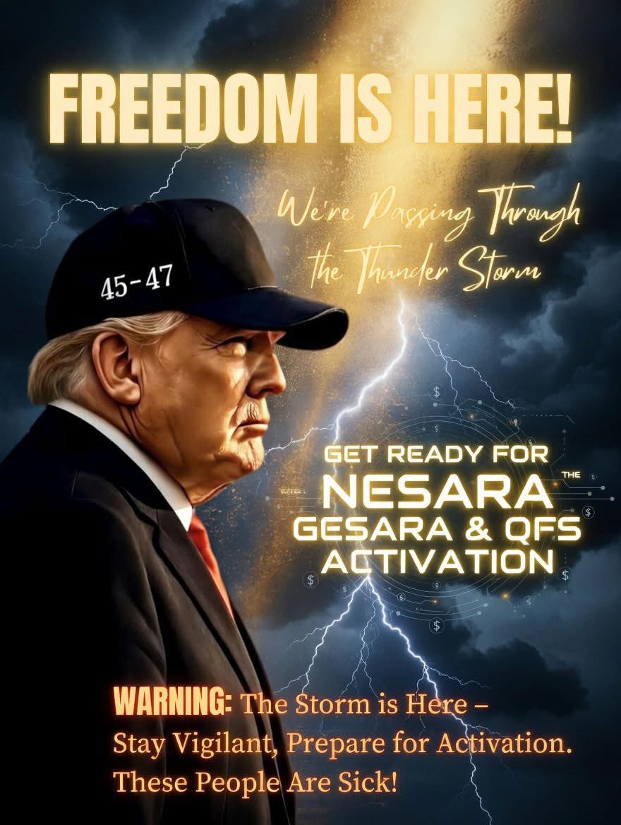 Mr_Q_Q17's tweet image. 🌩️ FREEDOM IS HERE! We're Passing Through the Thunder Storm...
[Attach or embed the image here]
Look at this powerful image, patriots. President Donald J. Trump — 45-47 — standing strong in the eye of the storm, lightning cracking across the sky, gold energy exploding behind him.