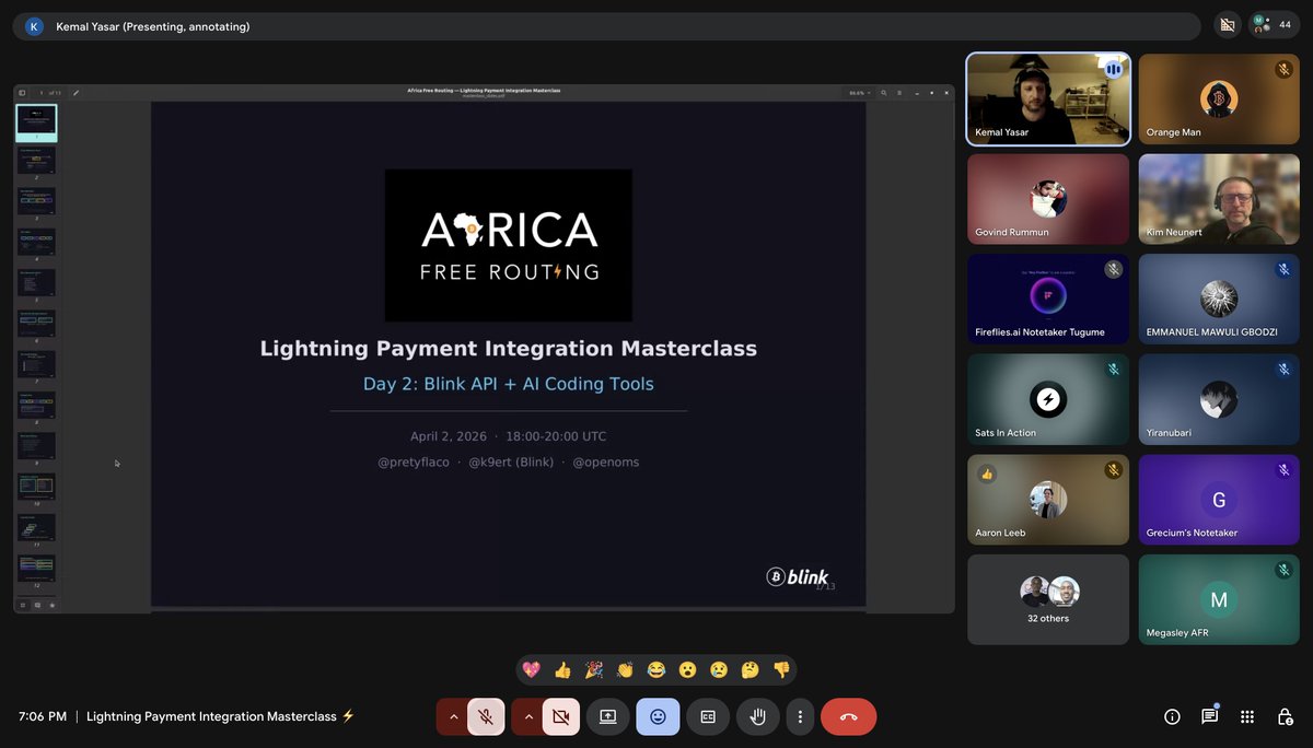 FreeRoutingAf's tweet photo. Day 2 of the Lightning Payment Integration Masterclass was exceptional.

We had @_pretyflaco  and @k9ert  lead a powerful session on integrating Lightning payments using the @blinkbtc  API.
This went far beyond a standard integration walkthrough.

Participants not only learned how to integrate Lightning payments with Blink, but also explored how to extend these capabilities to AI agents. The session covered how to equip agents with Blink skills, enabling them to initiate transactions, interact with the Lightning Network, and even create and manage their own wallets for payments.

It was a deeply practical and forward looking session that pushed the boundaries of what many thought was possible with Lightning today.

On to the final day.