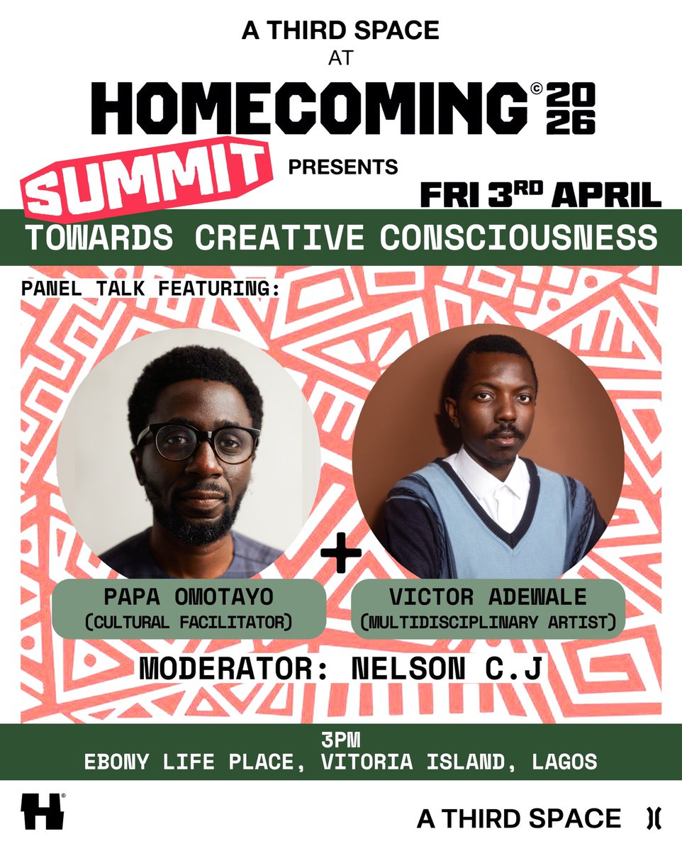 nelsoncj3's tweet photo. I curated and will be moderating a timely conversation about the artist’s role in these times at Homecoming tomorrow. It features the incredible Papa Omotayo and @victoradewale_ 

Entry is free. RSVP below

https://t.co/OubeJ1sICv https://t.co/k4m8f5SrIf