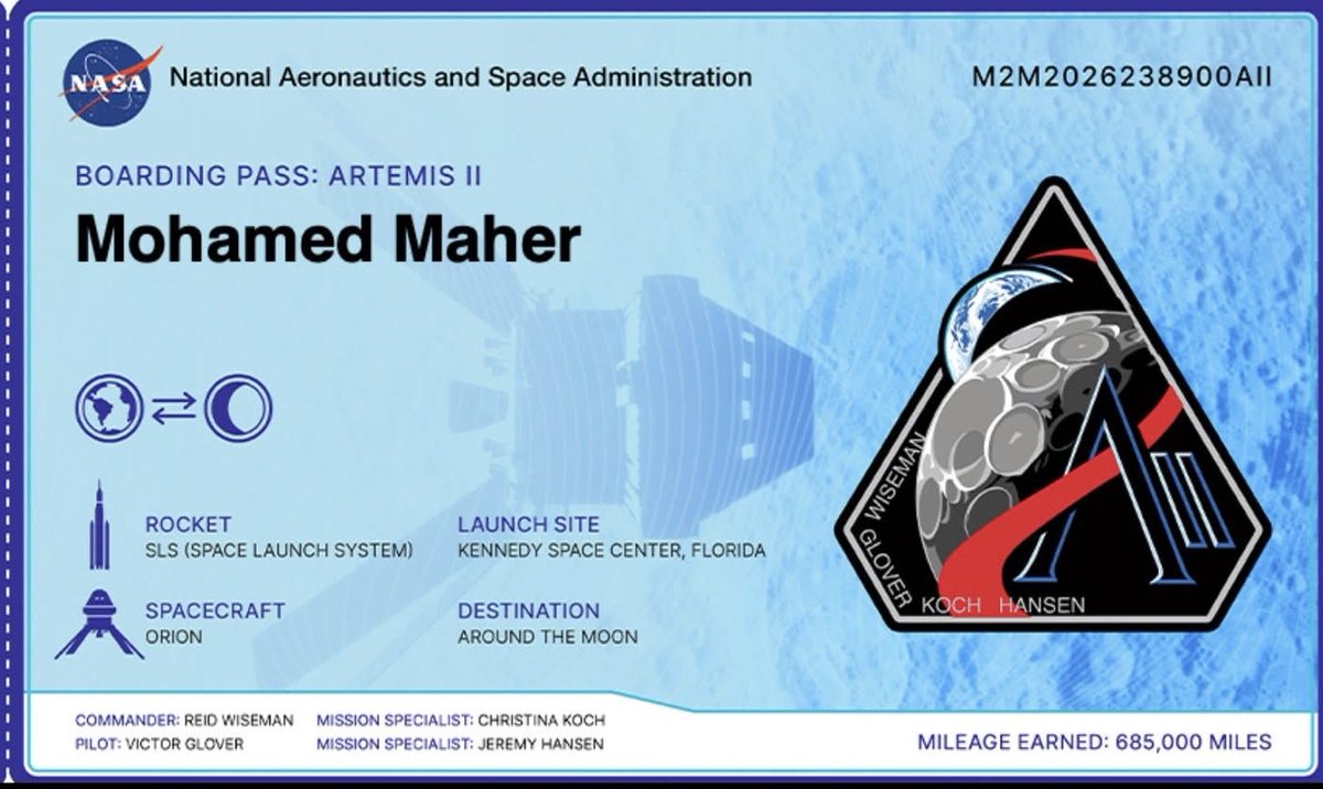 maher004's tweet photo. الكارت بتاعي وصل الفضاء العميق 🥳..
My boarding pass just made it to the deepest point humans have reached in space in over 50 years. 🚀🥳
#Artemis 💙 https://t.co/qHHsDYosqV