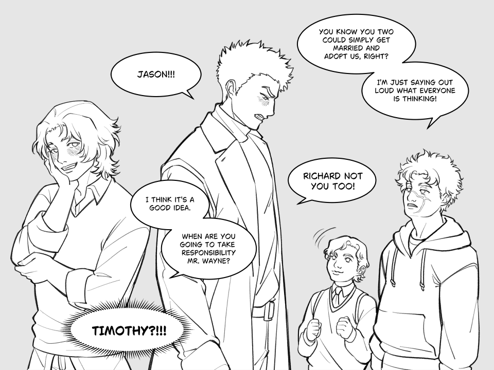 MirAleArt's tweet photo. Jason went from "get a room!" to "just get married!" with his idiot brothers (also he just want to have parents again)
(Also also this is my super self-indulgent AU were Tim and Damian are Dick and Jason's parents just because 🤷♀️)
#timdami #damitim #reverserobins https://t.co/25Kf1QivFd