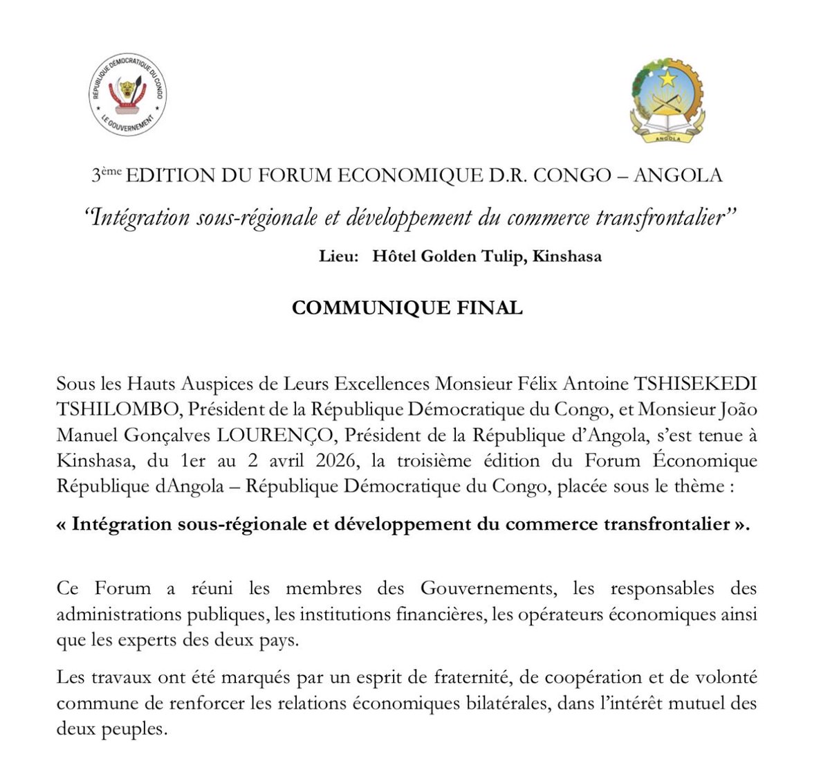 Ministère de l'Économie Nationale, RDC tweet media