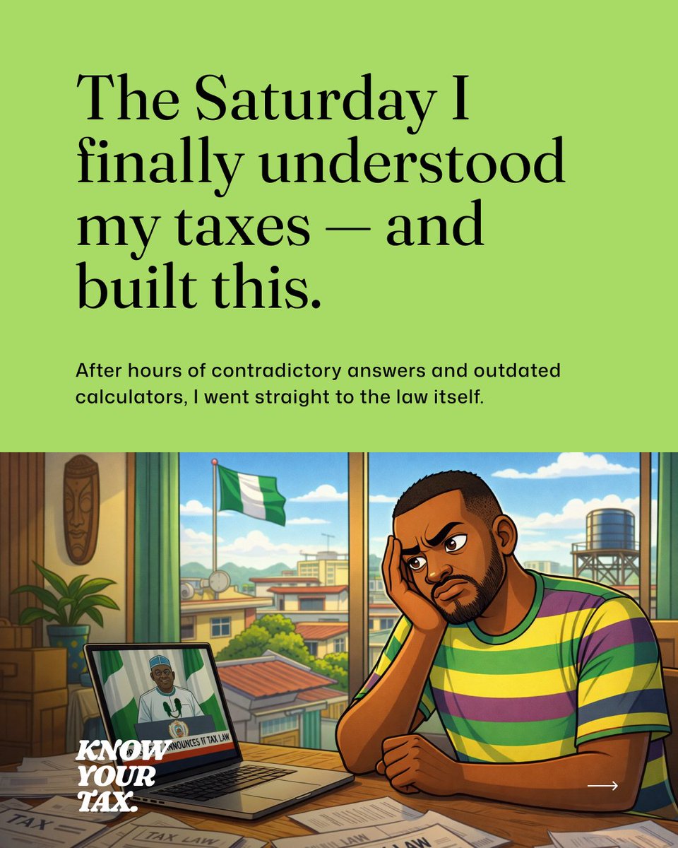 KnowYourTaxApp's tweet photo. I spent a Saturday trying to understand Nigeria's new tax law.

Couldn't find a single clear answer online.

So I built the calculator myself. Free. Built on the actual gazette. Every rate cited by section number.

This is the story of how it happened — and what my team and I built.

https://t.co/N0MaoHRpeD