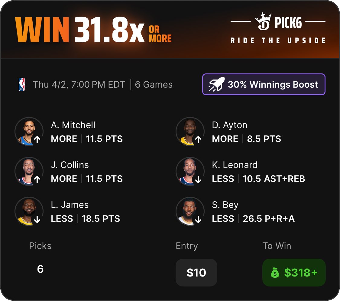 Check out my DraftKings Pick6 Entry! pick6.draftkings.com/?sport=NBA&pic…
