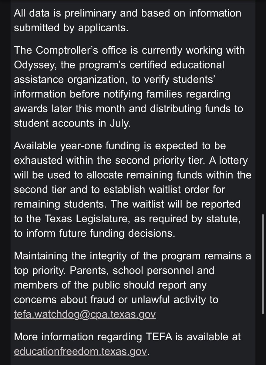 hannahdnorton's tweet image. New: @txcomptroller says all $1B in ESA funding will likely be exhausted in first two tiers of the lottery system, meaning only qualifying students w/ disabilities and those from lower-income families will be accepted for 2026-27 school year. #txlege

Summary of priority tiers⤵️