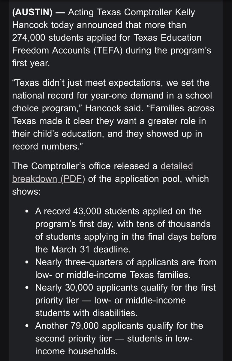 hannahdnorton's tweet image. New: @txcomptroller says all $1B in ESA funding will likely be exhausted in first two tiers of the lottery system, meaning only qualifying students w/ disabilities and those from lower-income families will be accepted for 2026-27 school year. #txlege

Summary of priority tiers⤵️