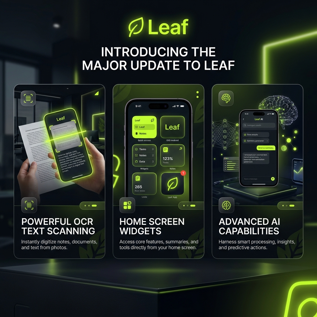 HAmcmb's tweet photo. Our biggest update yet is on the horizon. 🌱 👁️ OCR Text Scanning 🟢 Beautiful Glass Widgets We're redefining what a productivity app can do. Which feature are you most excited to try? Let us know below!
 👇

--We are currently considering adding 🧠 Advanced AI Capabilities to enhance your experience. We would love to hear your thoughts: would you prefer a fully offline model for a one-time payment, or a cloud-based model via a monthly subscription?

🟢 Current Status: The app is currently in beta testing for Android. The iOS version is not yet available but is in development.

Join the Beta: If you’d like to help us test the app, you can sign up at https://t.co/yW1fhbZWky. Be sure to check it out!

Feedback: Please leave us your feedback or any questions you may have. We are happy to answer them all!

 #LeafAppUpdate #Tech #ProductivityHacks #claudia #nasalpunjabsong