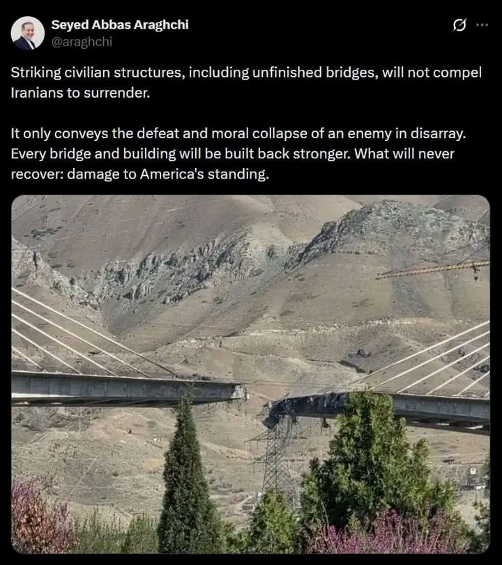 Trump veut libérer l'Iran en détruisant les ponts civils. La débilité est occidental et après ils viendront évoquer leur supériorité morale fantasmer et illusoire, soutenus par une espèce qu'on croyait faussement en voie de disparition : les <a href="/africains/">reggae and freedom</a>.CONS.
<a href="/cairtou/">Cairtou Nguelifack vijilin🇷🇺🇨🇲🇨🇳</a>