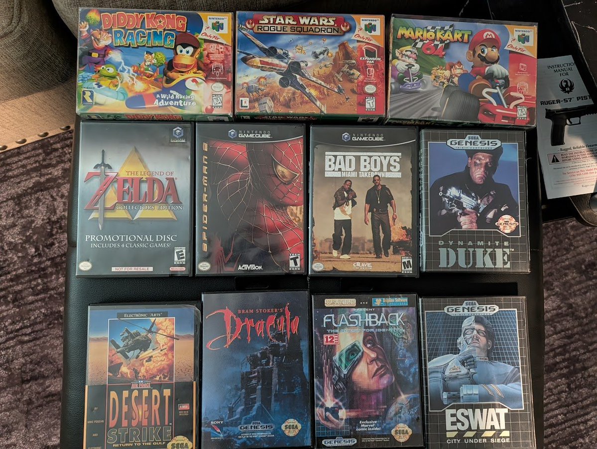 NostalgiaPro's tweet image. This is everything I acquired today.

N64:
Diddy Kong Racing
Star Wars Rogue Squadron
Mario Kart 64

GameCube: 
Zelda Collector's Edition
Spiderman 2
Bad Boys Miami Takedown

Sega Genesis:
Dynamite Duke
Desert Strike
Bram Stoker's Dracula
Flashback The Quest for Identity
ESwat
