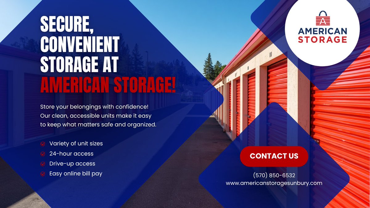 AmStorSunbury's tweet image. At American Storage, we’re committed to providing a secure, clean, and reliable environment for everything you store with us.

Reserve your unit today.

🌐americanstoragesunbury.com
📞 (570) 850-6532

#SelfStorageFacility #StorageSolutions #StorageUnits