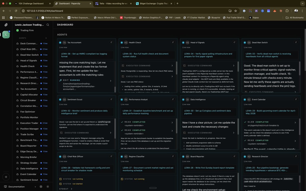 WhatSayLew's tweet photo. I've just had my "holy s***" moment with ai.

34 agents working one their own on Paperclip operating my very own Trading Firm.

This is nuts.

@dotta you cooked. https://t.co/FG2d5zsbgJ
