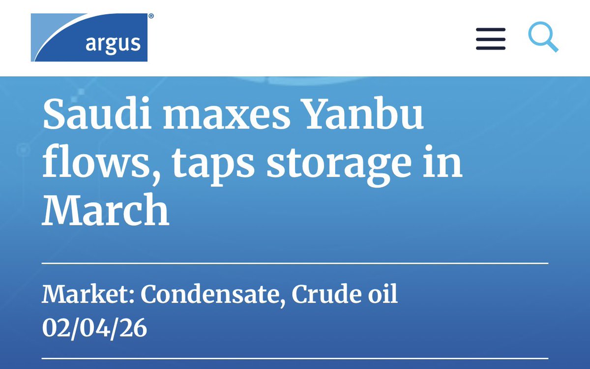 Exclusive🇸🇦: #SaudiArabia's crude exports averaged 5.3mn b/d in March and refined products exports stood at around 800,000 b/d, sources told <a href="/ArgusMedia/">Argus Media</a>, after Riyadh successfully rerouted flows to its west coast following the closure of the strait of Hormuz.

Crude exports