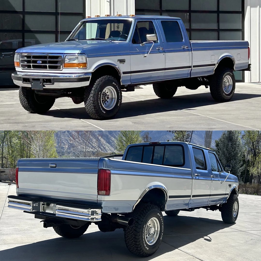 Bringatrailer's tweet photo. This 1997 Ford F-350 XLT is a Crew Cab long-bed 4×4 pickup powered by a turbodiesel 7.3-liter Power Stroke V8 linked to a four-speed automatic transmission and a dual-range transfer case. Showing 122k miles, it's listed now with no reserve on BaT!

https://t.co/NWtfCxzFOl https://t.co/h8aqX9SpFw