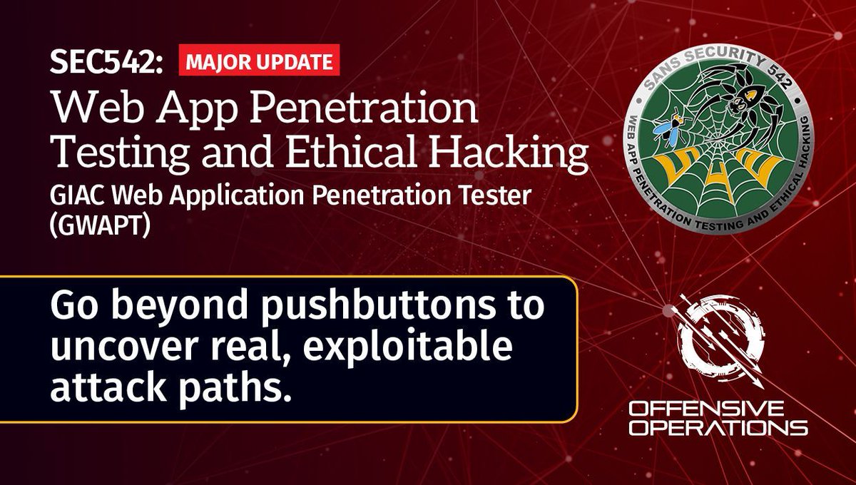 SANSOffensive's tweet photo. Recent attacks werenโt about new exploits; theyโre about chaining the ones you didnโt test properly. #SEC542 brings advanced vulnerability chaining methodology, and more real-world techniques.
๐ท Donโt fully rely on scanners - take SEC542: https://t.co/MZGdkgi4bA https://t.co/WvUOqJyNTZ