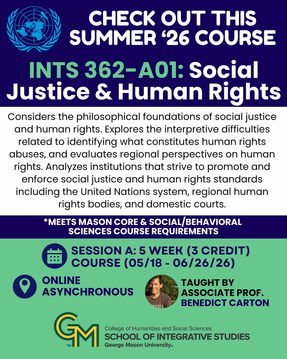 SIS_Mason's tweet image. Check out this Summer Course - 𝐈𝐍𝐓𝐒 𝟑𝟔𝟐-𝐀𝟎𝟏: 𝐒𝐨𝐜𝐢𝐚𝐥 𝐉𝐮𝐬𝐭𝐢𝐜𝐞 &amp;amp; 𝐇𝐮𝐦𝐚𝐧 𝐑𝐢𝐠𝐡𝐭𝐬 taught by Assoc. Prof. Benedict Carton (Online) For more information: integrative.gmu.edu/courses/ints36… #INTS #SIS #SocialJusticeandHumanRights #summercourse #MasonNation