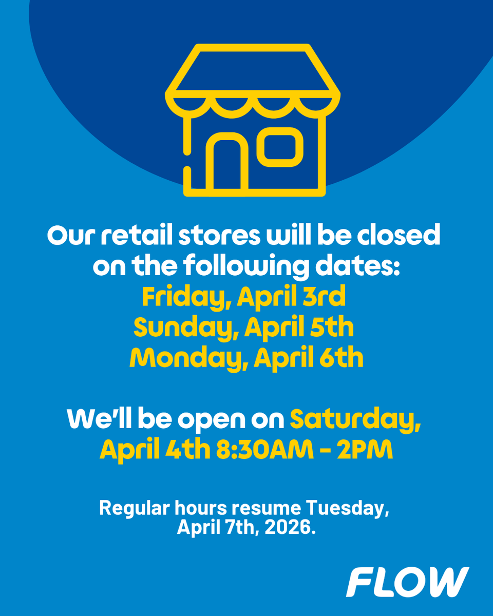 Flow_BVI's tweet photo. Please note that our retail stores will be closed on Friday, Sunday and Monday.
We’ll be open on Saturday, April 4th from 8:30AM to 2PM.

Regular hours resume on Tuesday, April 7th, 2026. https://t.co/FTWdZGNCxI