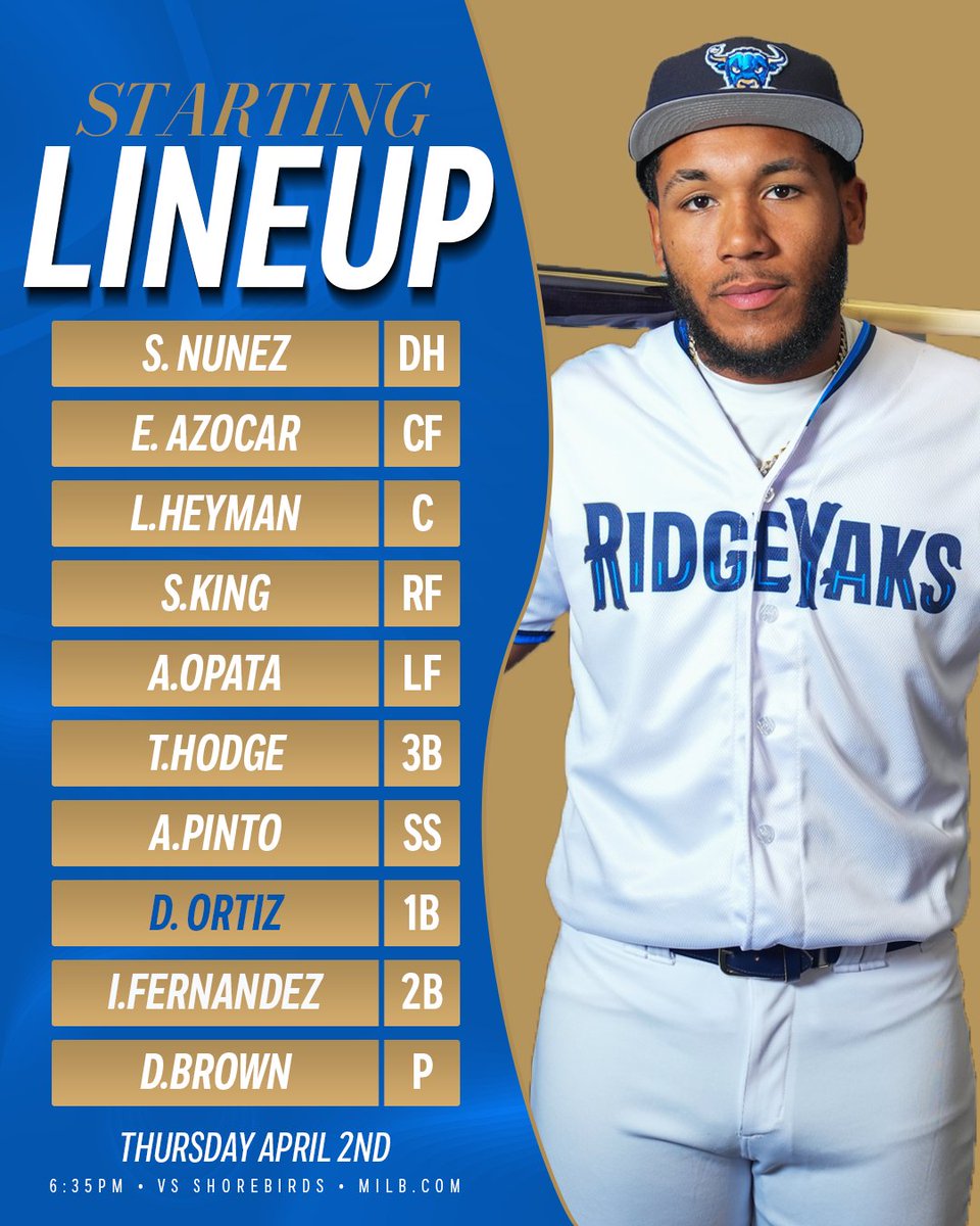 First lineup of the Salem RidgeYaks era 👀 
First Pitch ⚾:  6:35 pm 
Follow along at milb.com
#YakAttack #GoYaks