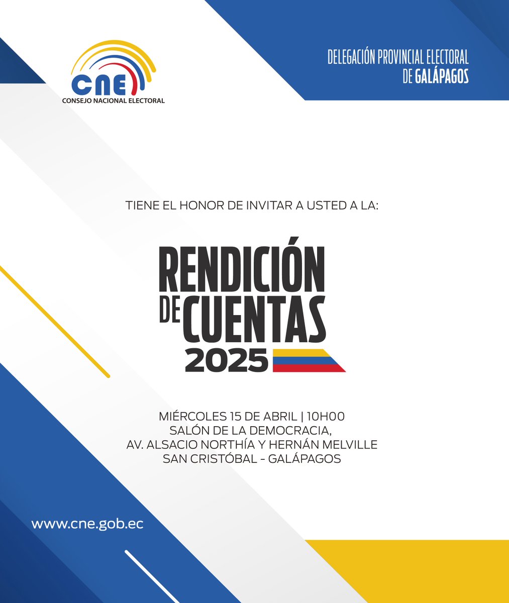 CNEGalapagos's tweet photo. 🗓️ | Invitamos a la ciudadanía a participar en la presentación del Informe de #RendiciónDeCuentas2025 🗳️🗣️
📍 La jornada se realizará el miércoles 15 de abril, a las 10h00, en el Salón de la Democracia, ubicado en: Av. Alsacio Northía y Hernán Melville, en el cantón San Cristóbal https://t.co/WkWWHoEjyG