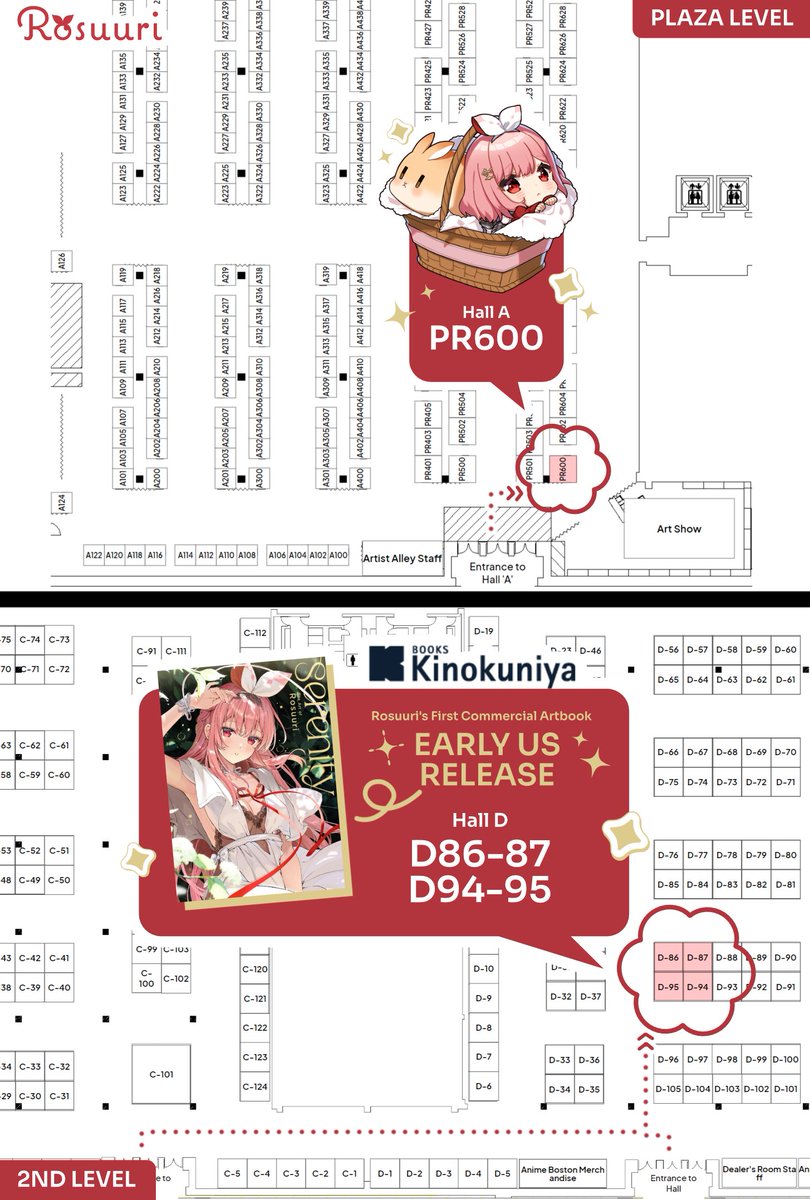 Anime Boston map!! 
Find me at the 1st floor artist alley (Hall A)
and my Serenity artbook at the 2nd floor (Hall D)
See you tomorrow 👋🐰 