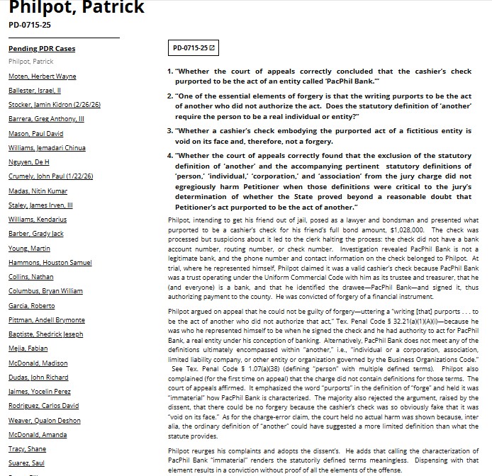 OSPATX's tweet photo. Philpot, PD-0715-25, granted 4/2: Does a fake cashier’s check drawn on a nonexistent bank purport to be the act of “another”? Did failing to charge the jury that “another” included corporate entities harm him? Was the check so fake that it could not have been intended to deceive? https://t.co/UJ1jDF5pKh