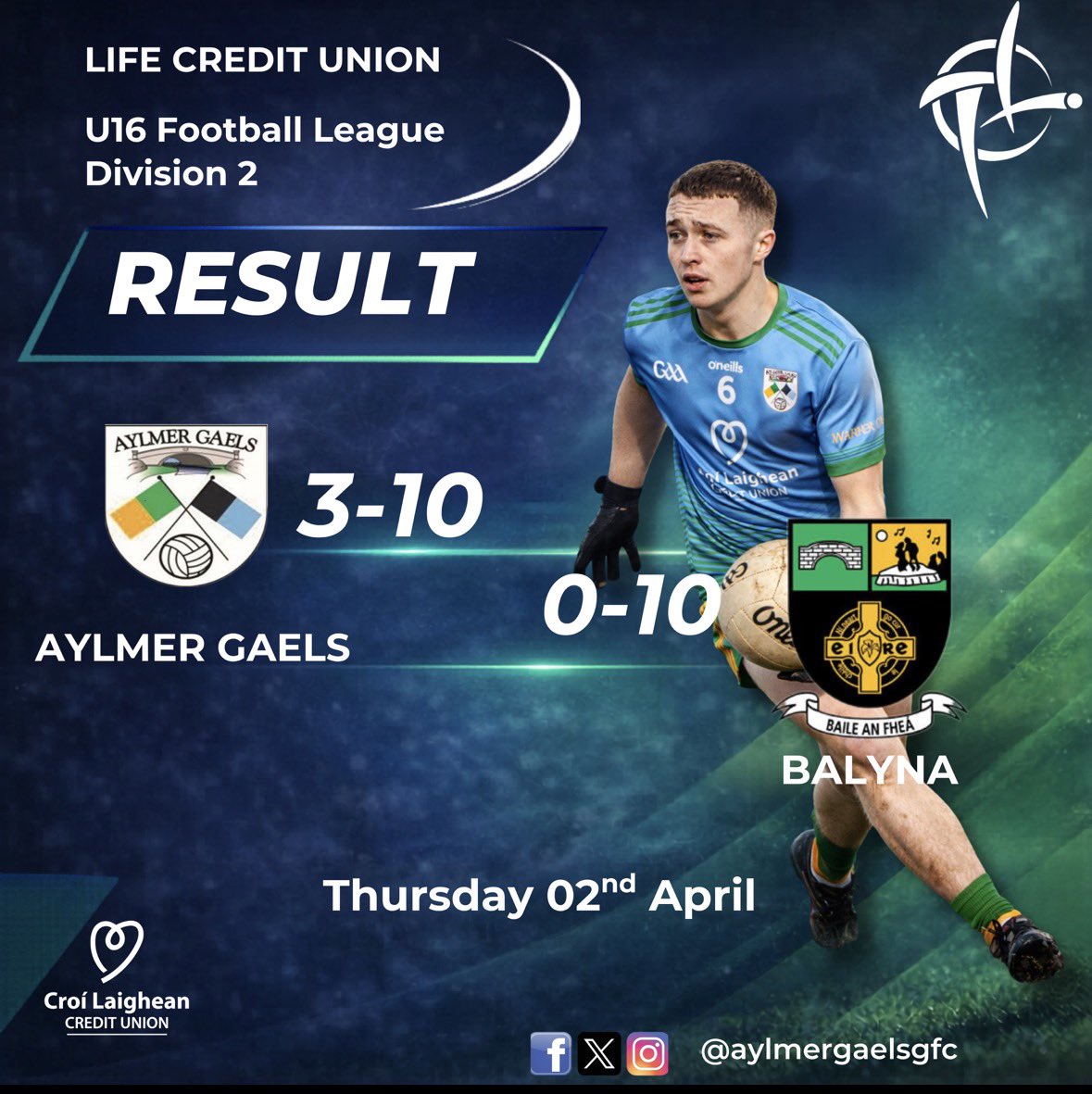 Well done to our U16 Div 2 side who came out on top this evening against an understrength Balyna team. Tough conditions made for a challenging game, but a strong first half performance set the foundation for a well-earned victory for the Gaels.
credit to  all involved 🔵🟢