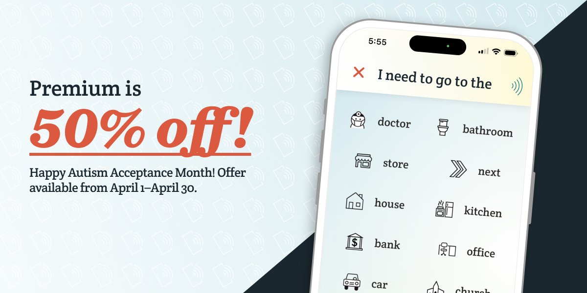 SpokenAAC's tweet photo. Happy Autism Acceptance Month! To celebrate, Spoken Premium will be half off all month, including Premium for Life. Available in-app and on our website.

https://t.co/JNhiJusZb6 https://t.co/AJrKxW66aw