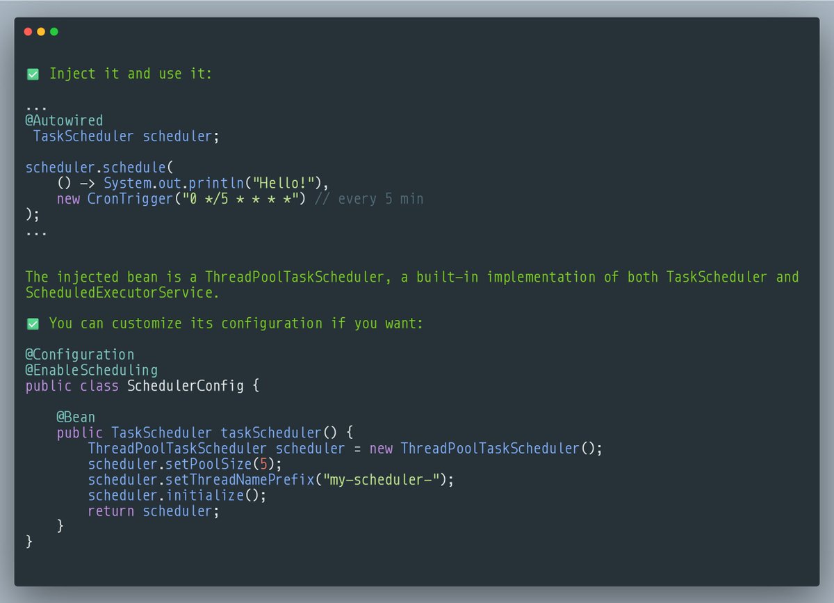 mario_casari's tweet image. 🚀Spring Boot: Use TaskScheduler to implement lightweight dynamic tasks (consider Quartz for more complex requirements).
#SpringBoot #SoftwareDevelopment